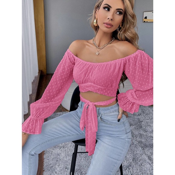 Swiss Dot Tie Front Crop Top long sleeve blouse boho white - Picture 5 of 11